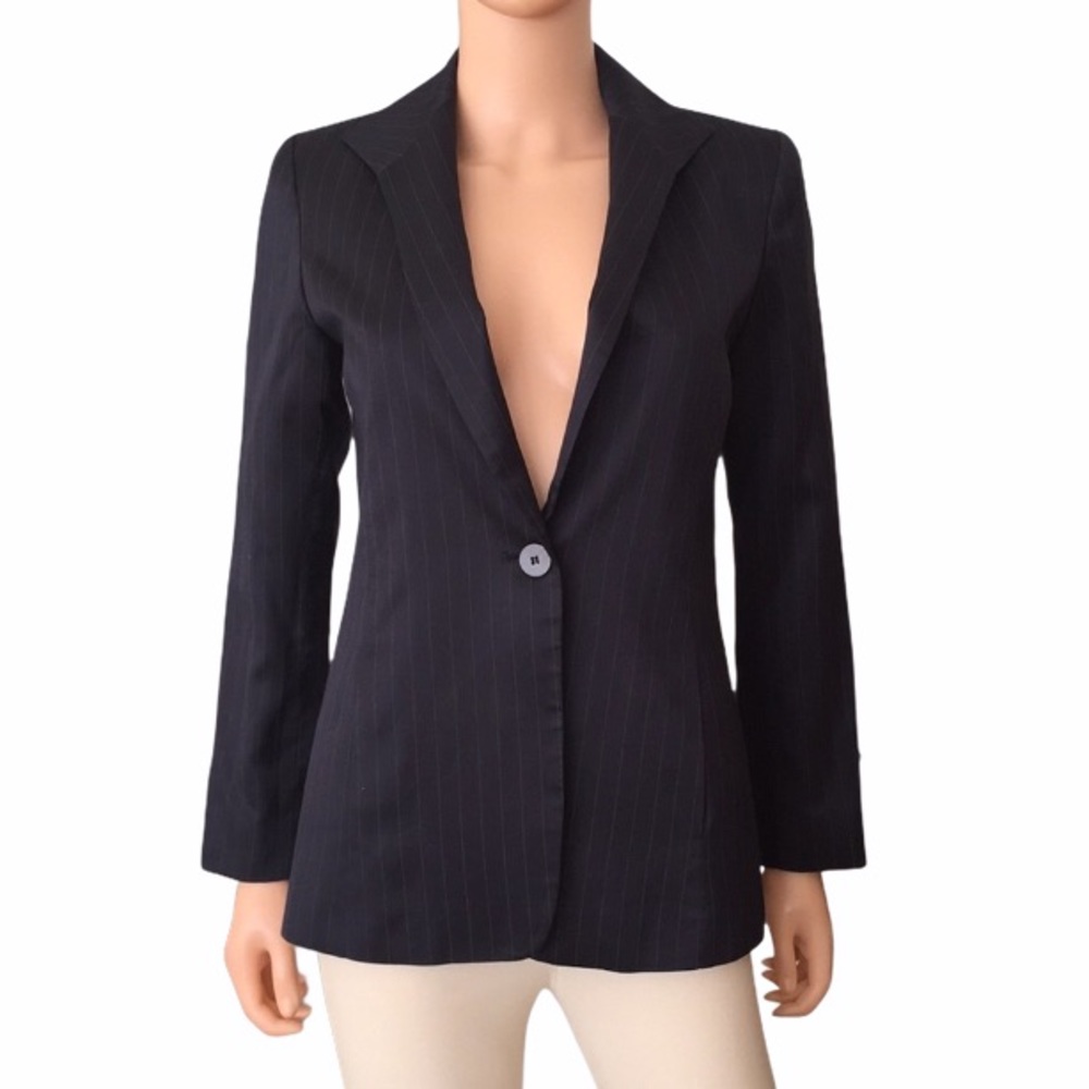 Lafayette Black Cotton Silk Pinstriped Blazer